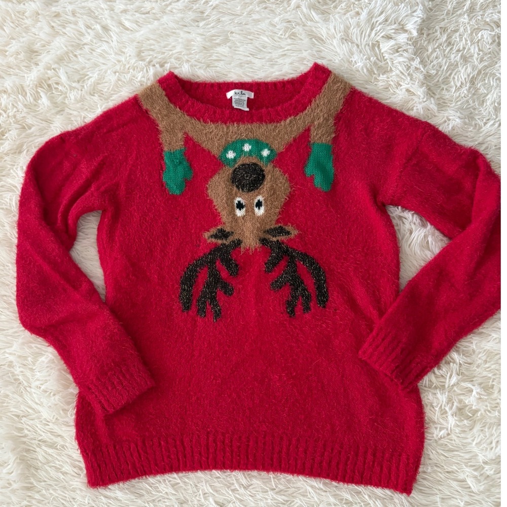 Kela Ugly Christmas Sweater Womens M Red Fuzzy Reindeer Holiday‎ Pullover